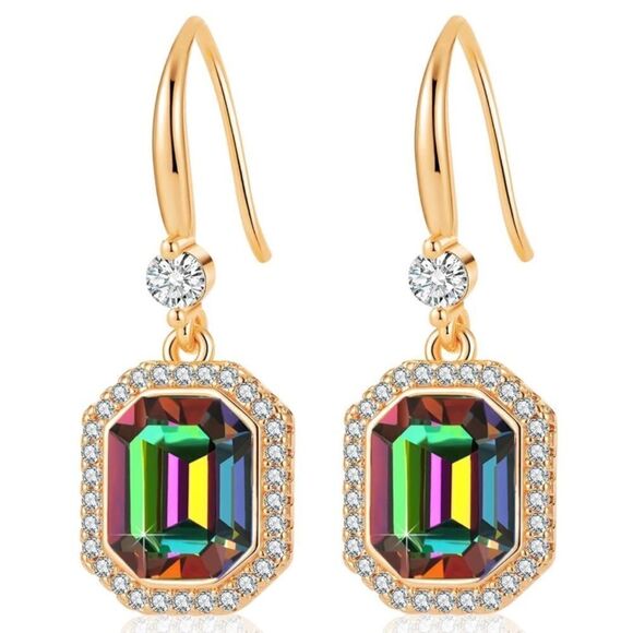 14K Yellow Gold with Vitrail Medium Austrian Crystal Octagon Halo Hook Earrings